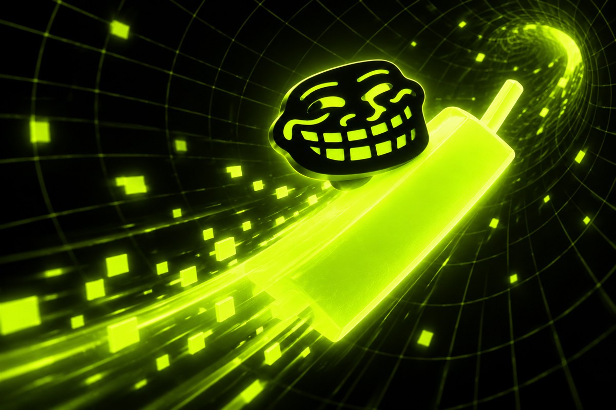 The Troll riding a glowing green market candle through a digital tunnel