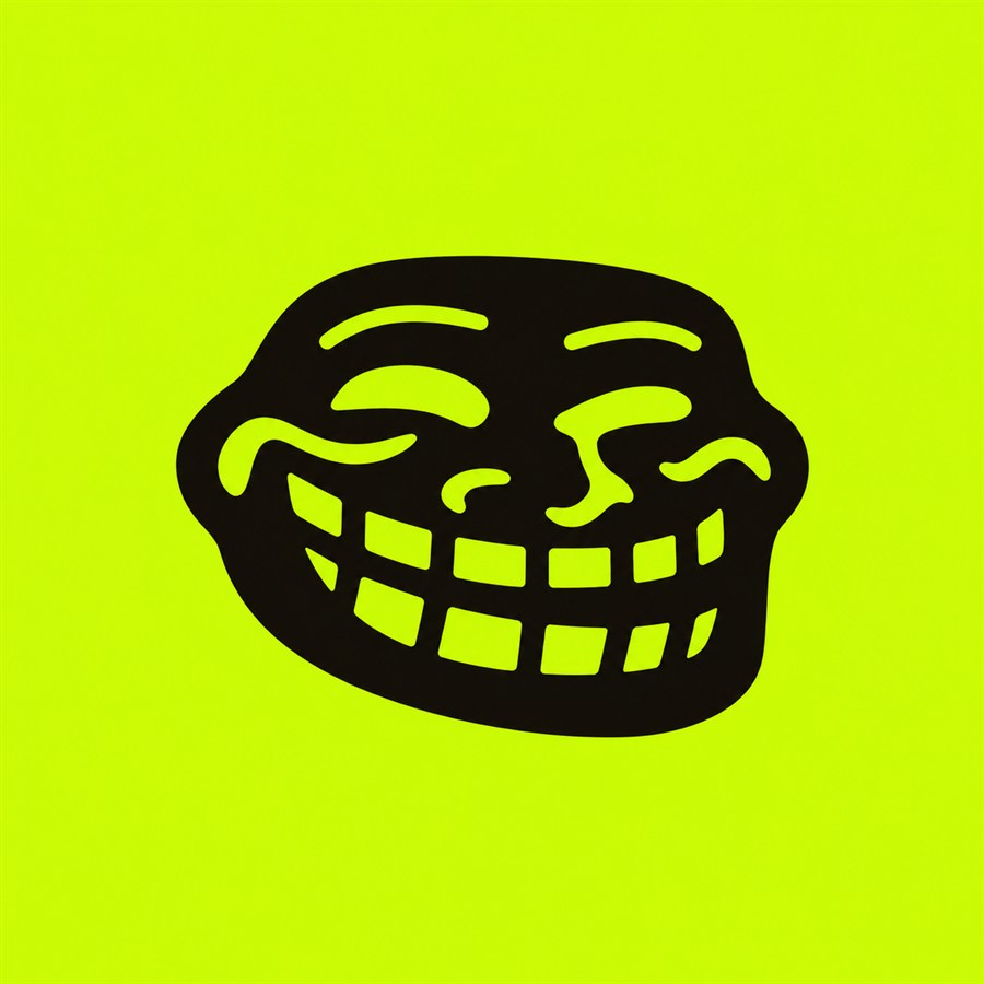 Black grinning Troll face on an acid-lime background